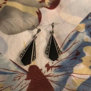 Vintage Art Deco 925 sterling silver gen Onyx marcasite earrings